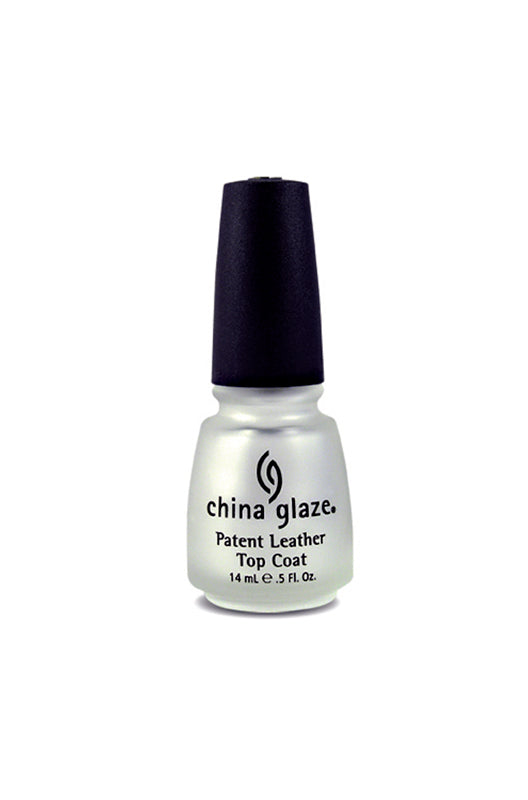 Front view of a China Glaze Patent Leather Top Coat in a glossy bottle and with black cover lid