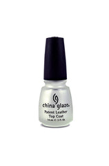 Front view of a China Glaze Patent Leather Top Coat in a glossy bottle and with black cover lid