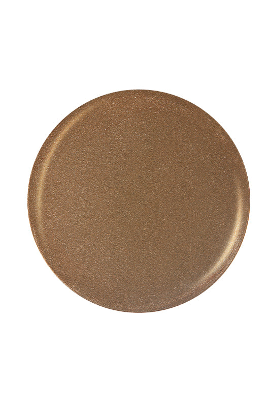 Glossy gold metallic badge nail polish sample color swatch in white scene