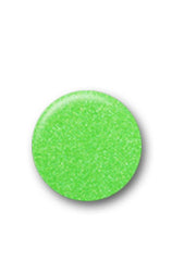 The glittery lime green shade of a circle nail lacquer sample color drops in a white backdrop
