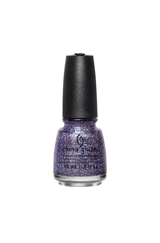 Front view of China Glaze Nail Lacquer in Pick Me Up Purple variant with black lid and label text