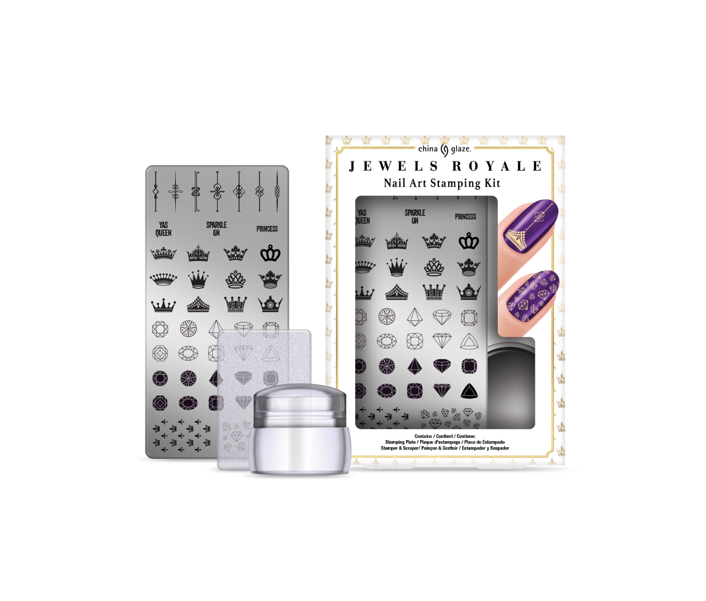 Front illustration of China Glaze Nail Art Jewels Royale Stamping Kit displayed separately beside it's sealed pack