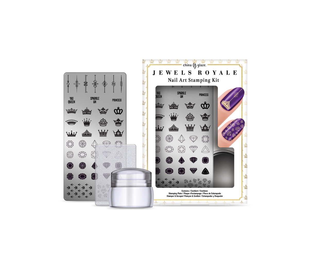 Front illustration of China Glaze Nail Art Jewels Royale Stamping Kit displayed separately beside it's sealed pack