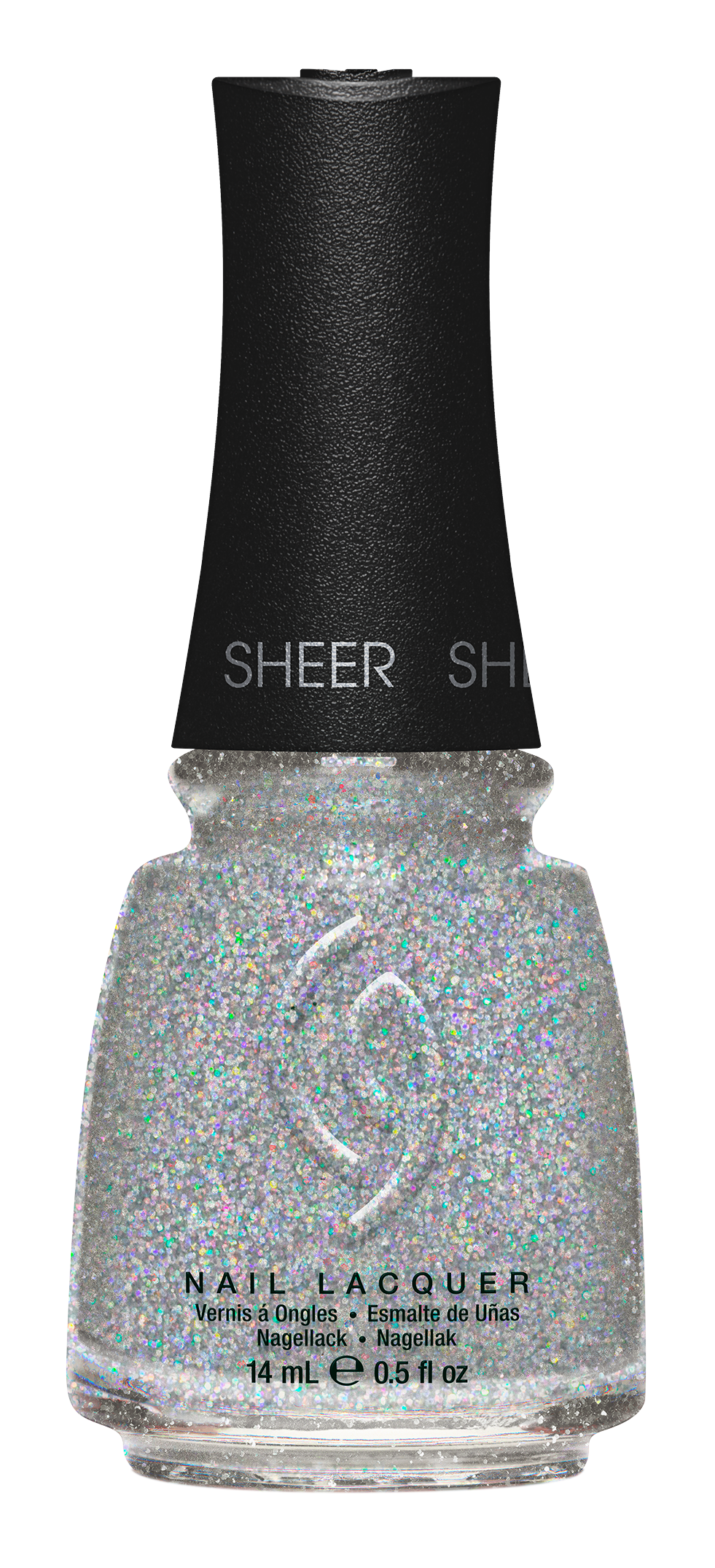 A Front View of CHINA GLAZE NAIL LACQUER, FAIRY DUST Bottle with black cap.