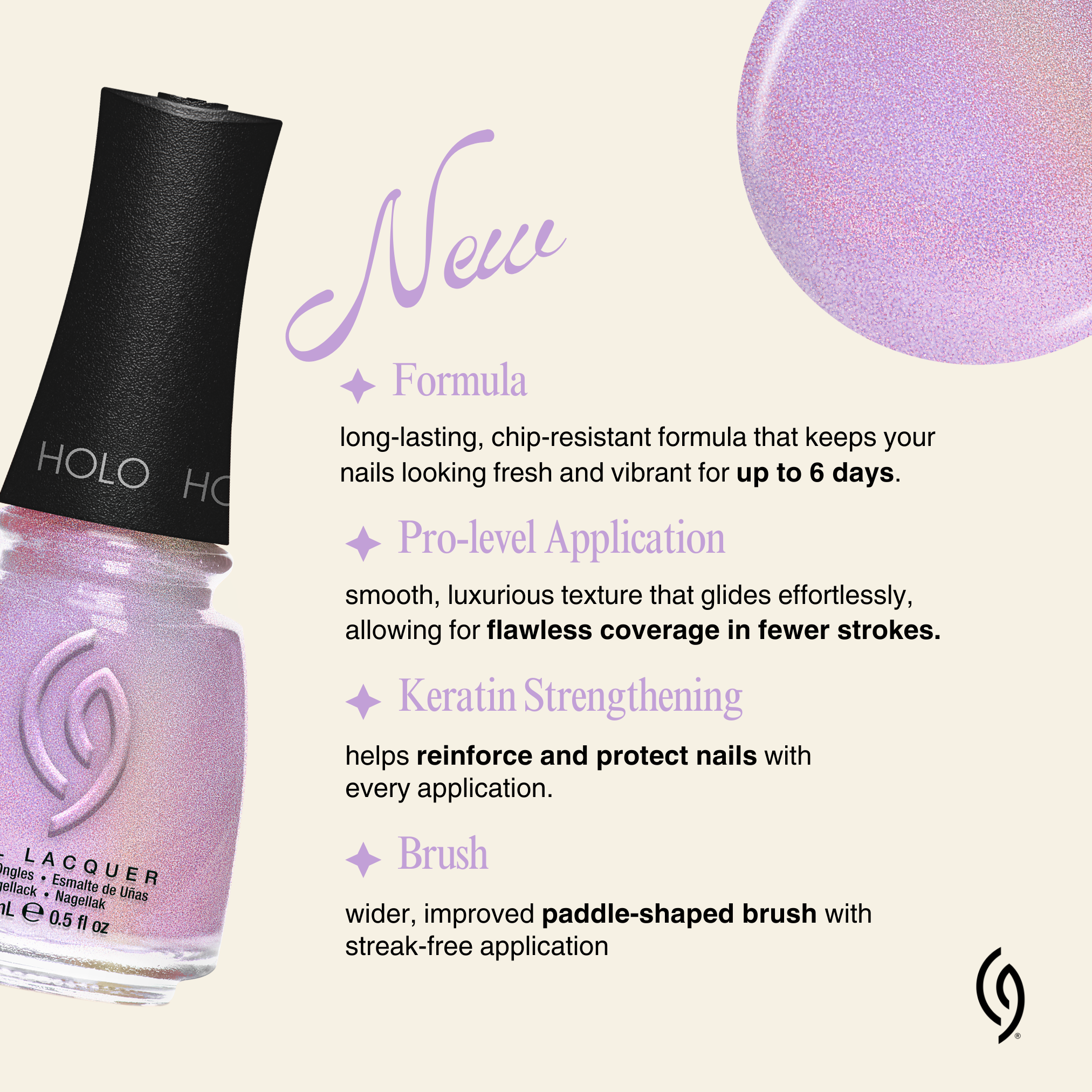 Promotional graphic featuring a pink shimmer nail polish bottle alongside text highlighting long-lasting wear, smooth application, keratin strengthening, and a paddle-shaped brush.