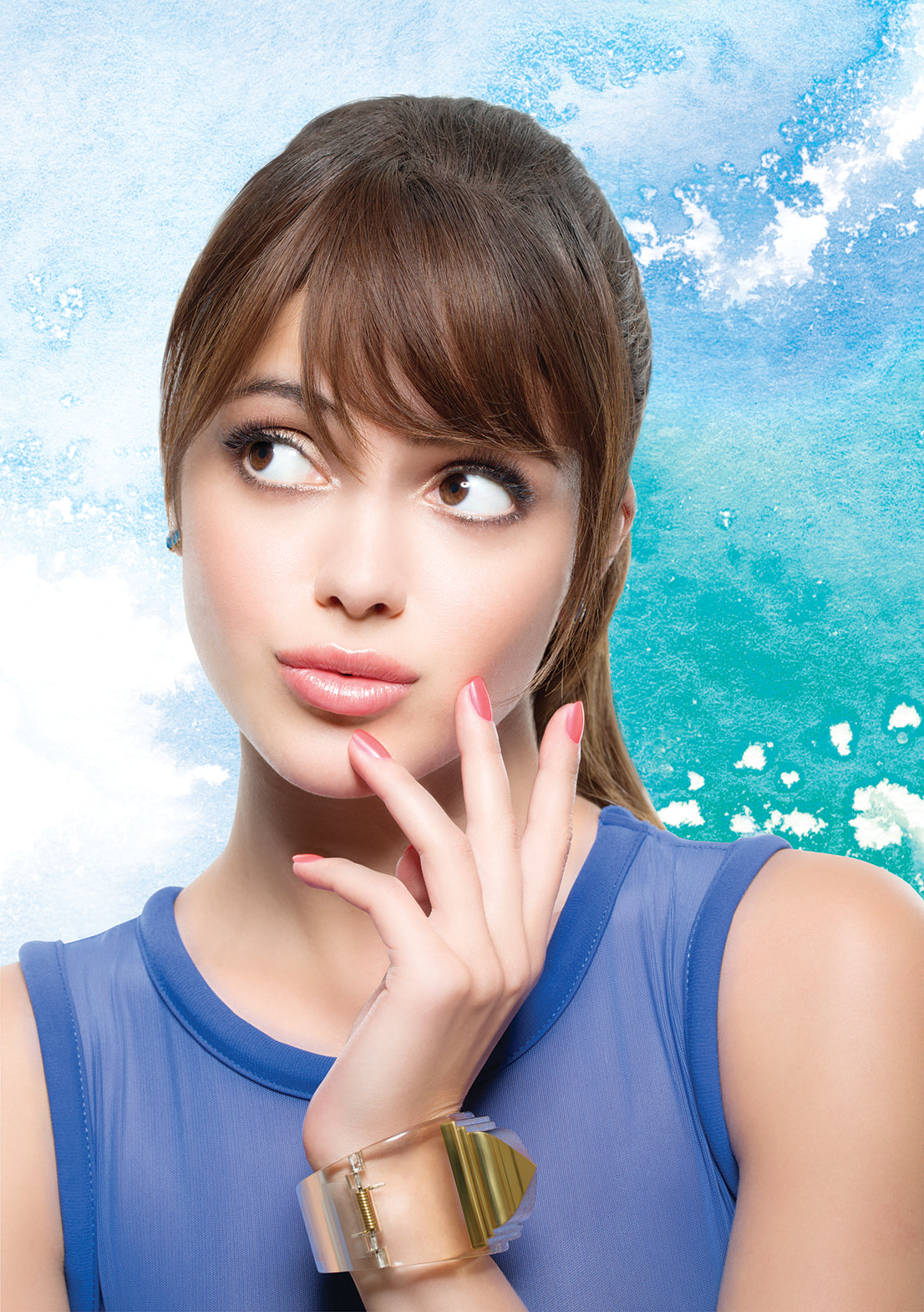Model with soft coral nails and radiant skin, set against a watercolor sky backdrop for a fresh, airy aesthetic.